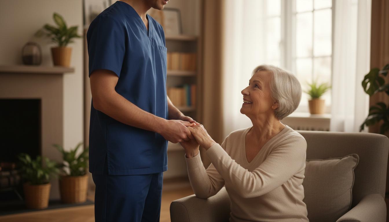 Cuidador Blue Care atendendo idoso com carinho